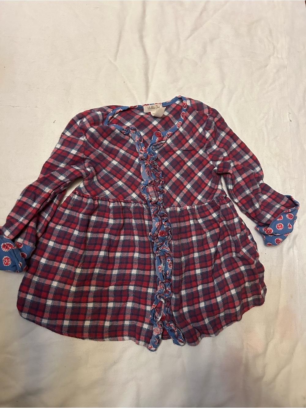 Matilda Jane Red and Blue Plaid Ruffle Front Button-Down Harper tunic flannel
